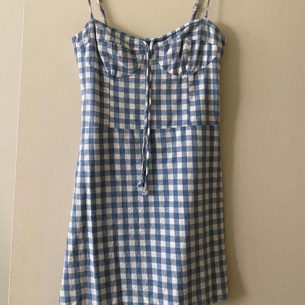 Blue and white gingham checkered mini dress